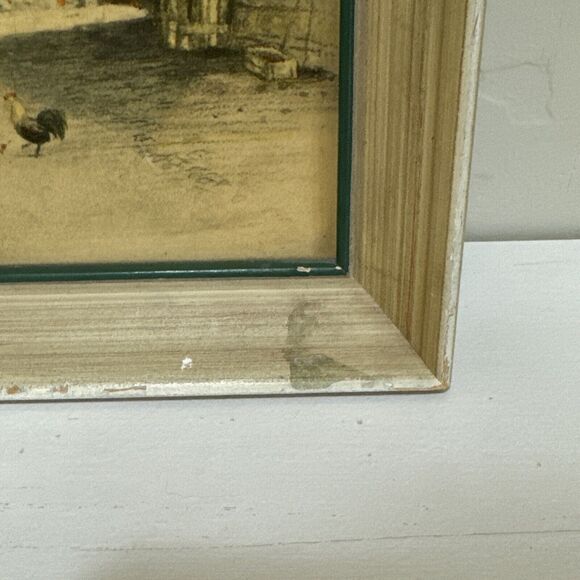 watercolor art village with orange roof and chickens hand painted frame 9.5 x 7. - Picture 3 of 5